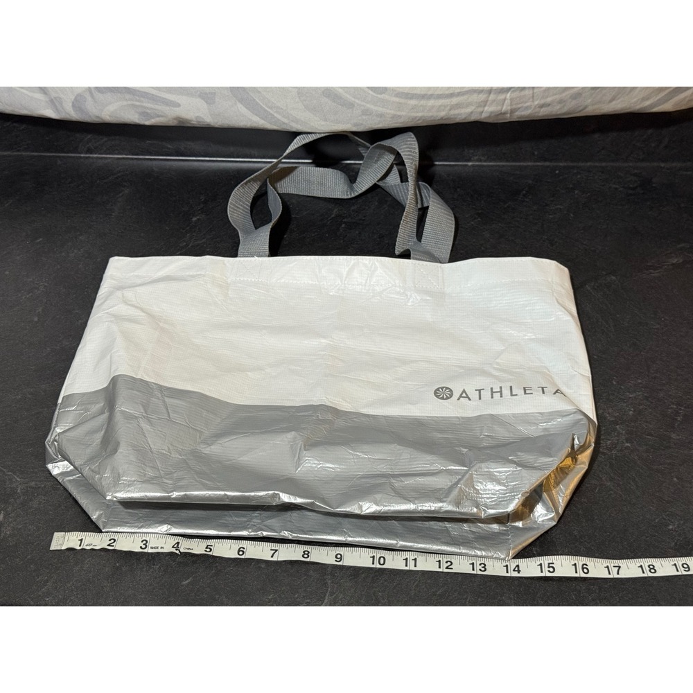Athleta Reusable Shopping Tote Bag Large White Silver Metalic Grey 19" x 13"‎